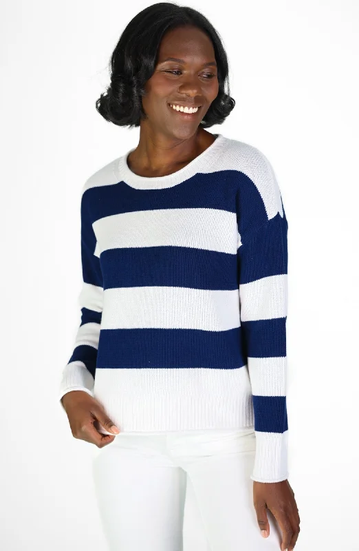 Winter Knit TopsNavy & White Stripe Drop Shoulder Sweater