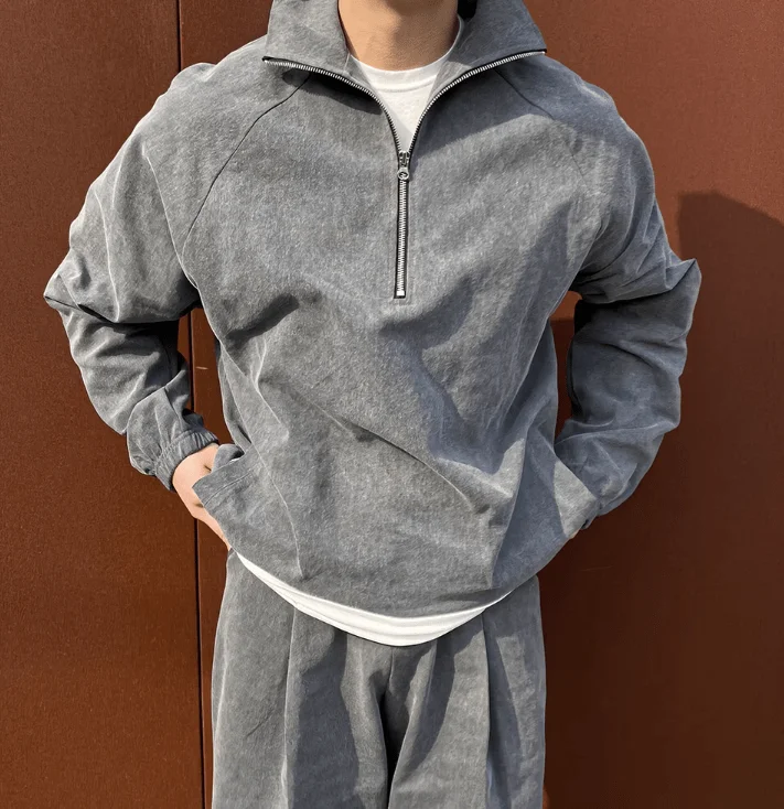 Ribbed Knit TopsRT No. 11245 GRAY HALF ZIP-UP SWEATER & SWEATPANTS