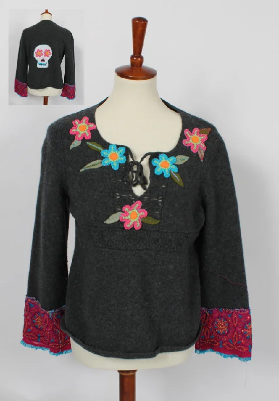 Lounge Knit TopsSunHeart American Eagle Outfitters Lambswool Felted Sweater Dia De Los Muertos Embroidered Flowers Sugar Skull Silk Upcycled Sml-Large