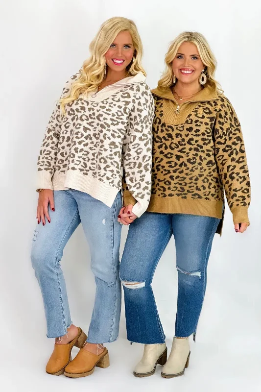 Hiking Knit TopsCamel Half Zip Leopard Print Sweater