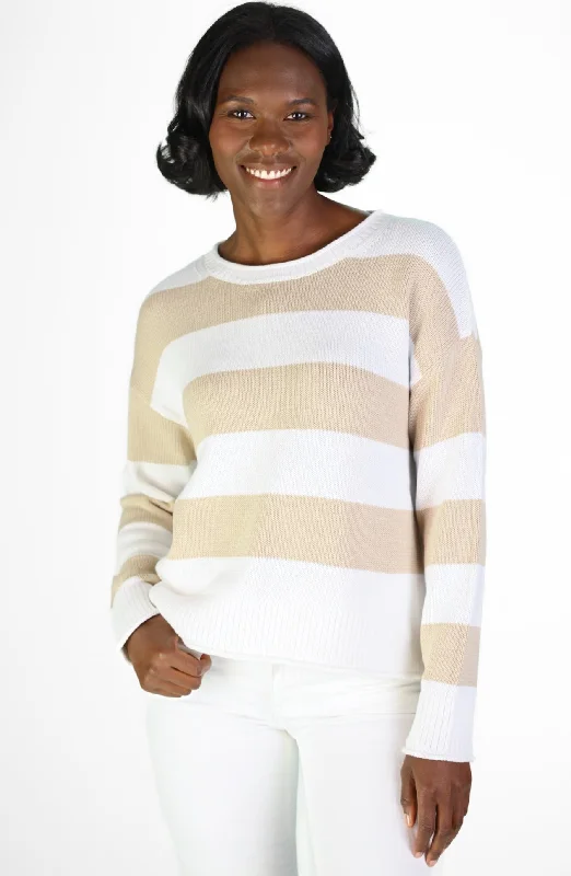 Spring Knit TopsTan & White Stripe Drop Shoulder Sweater