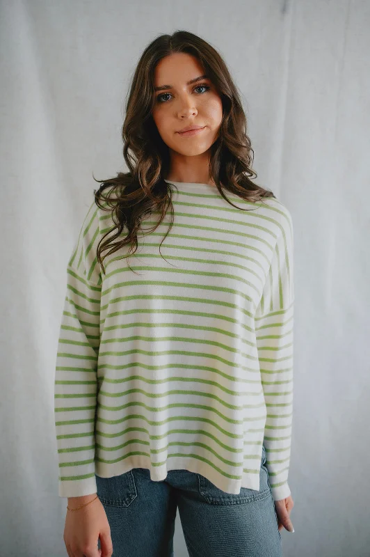 Ruffled Knit TopsThe Eileen Striped Sweater by FRNCH - Green Stripe