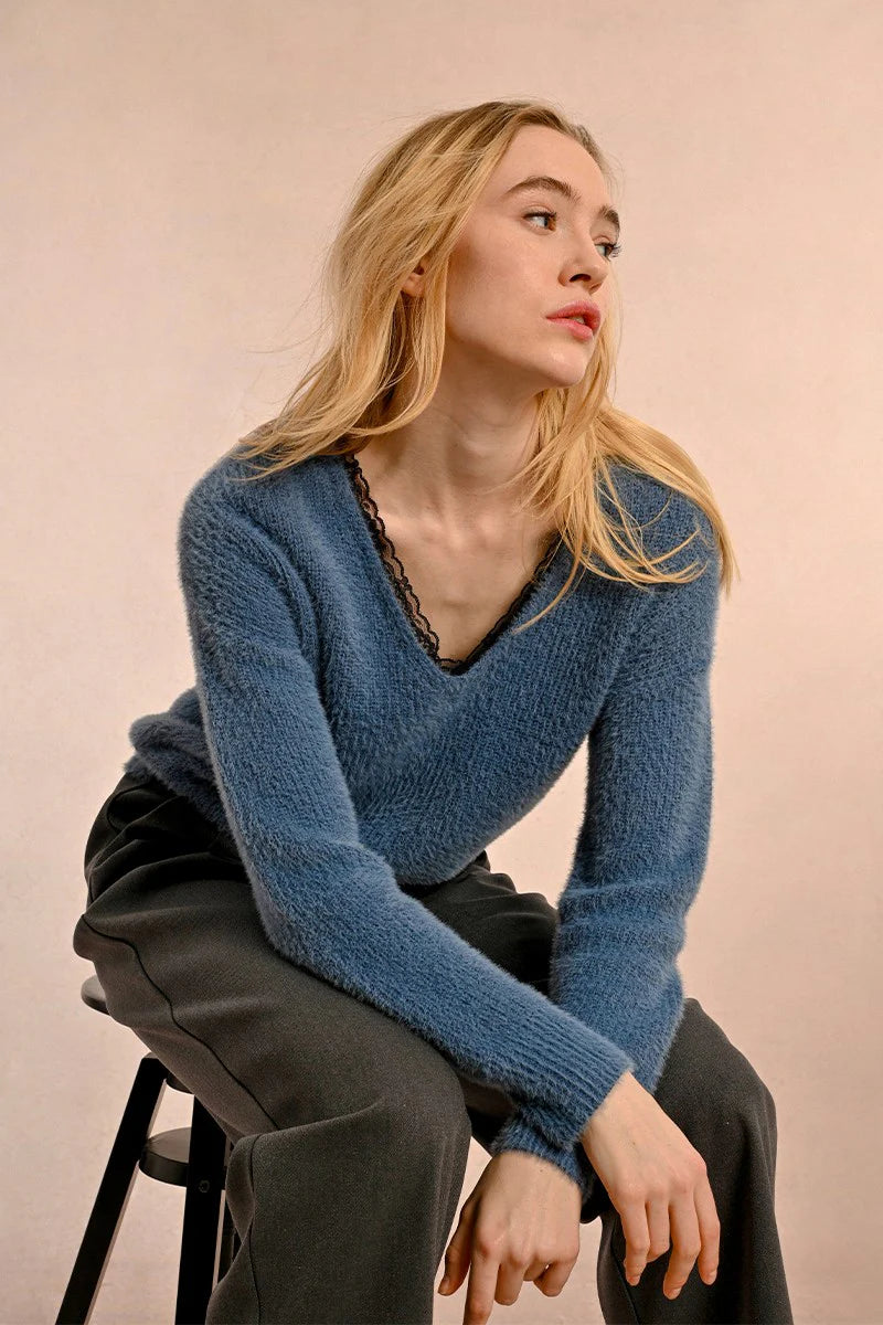 Layered Knit TopsThe Gisele Lace Trim Sweater - Ocean Blue