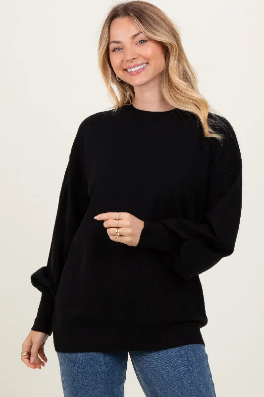 Casual Knit TopsBlack Fine Knit Balloon Sleeve Sweater