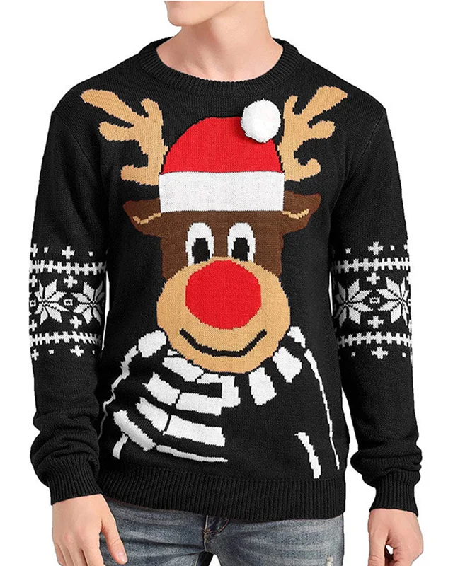 Asymmetrical Knit TopsDeluxe Black Rudolph the Reindeer Sweater