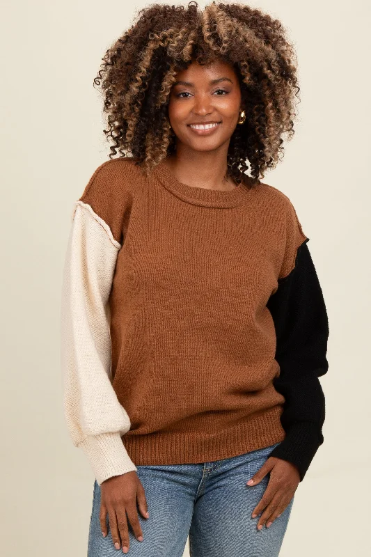 Urban Knit TopsBrown Colorblock Sleeve Sweater