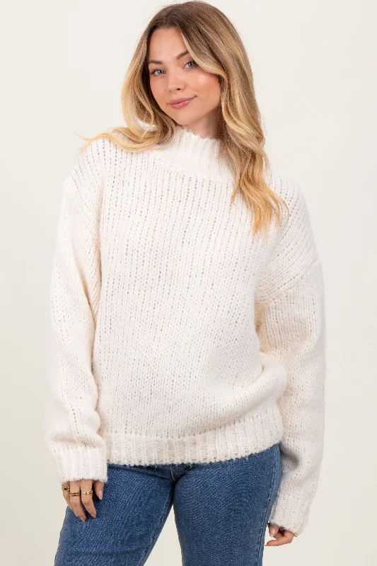 Hiking Knit TopsCream  Chunky Knit Mock Neck Sweater