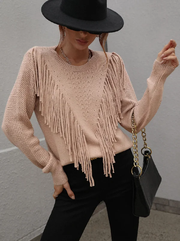 Designer Knit TopsFringe Detail Ribbed Trim Sweater