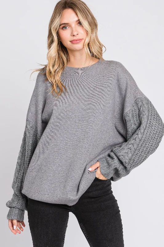 Logo Knit TopsHeather Grey Cable Knit Sleeve Sweater