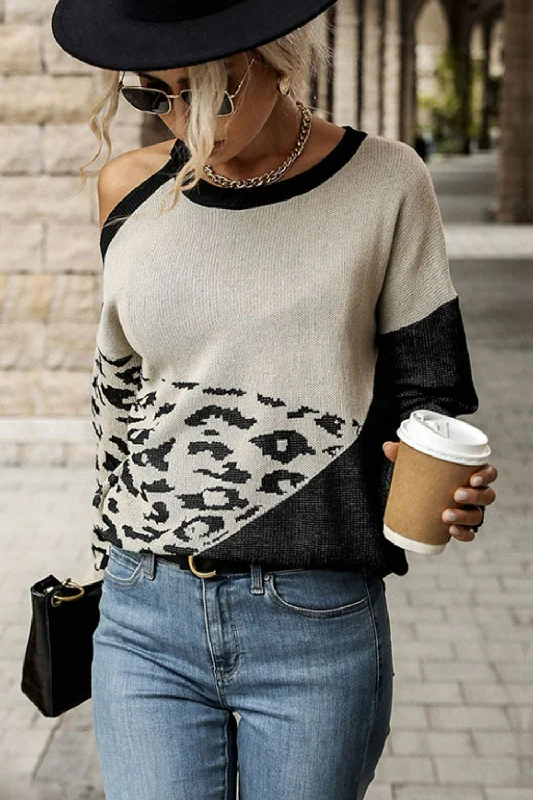 Metallic Knit TopsLeopard Color Block Cold-Shoulder Sweater