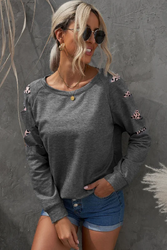 Velvet Knit TopsLeopard Patchwork Raglan Sleeve Sweatshirt