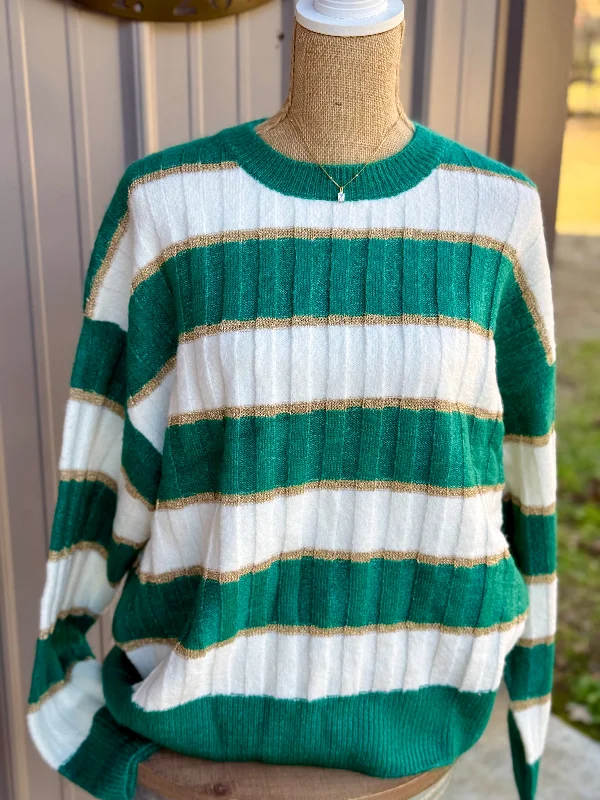 Polyester Knit TopsMetallic Gold Yarn Striped Sweater