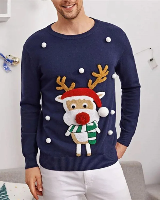 Crewneck Knit TopsDeluxe Navy Blue Rudolph Pom-Pom Sweater