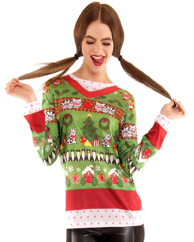 Ribbed Knit TopsPrinted Christmas Sweater with Cats