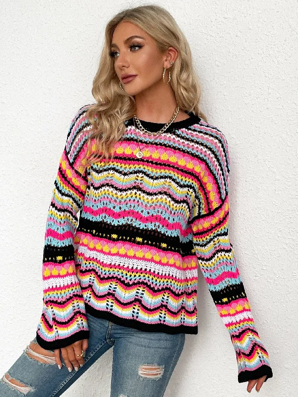 Outdoor Knit TopsRainbow Stripe Openwork Flare Sleeve Knit Top