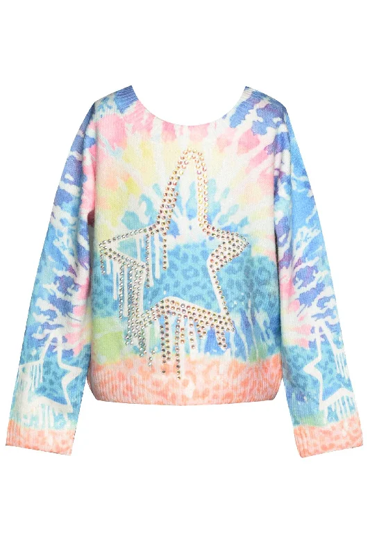 College Knit TopsStar Printed Sweater W/Rhinestone Detail