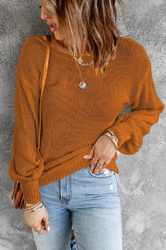 Limited Edition Knit TopsTied Balloon Sleeve Round Neck Sweater